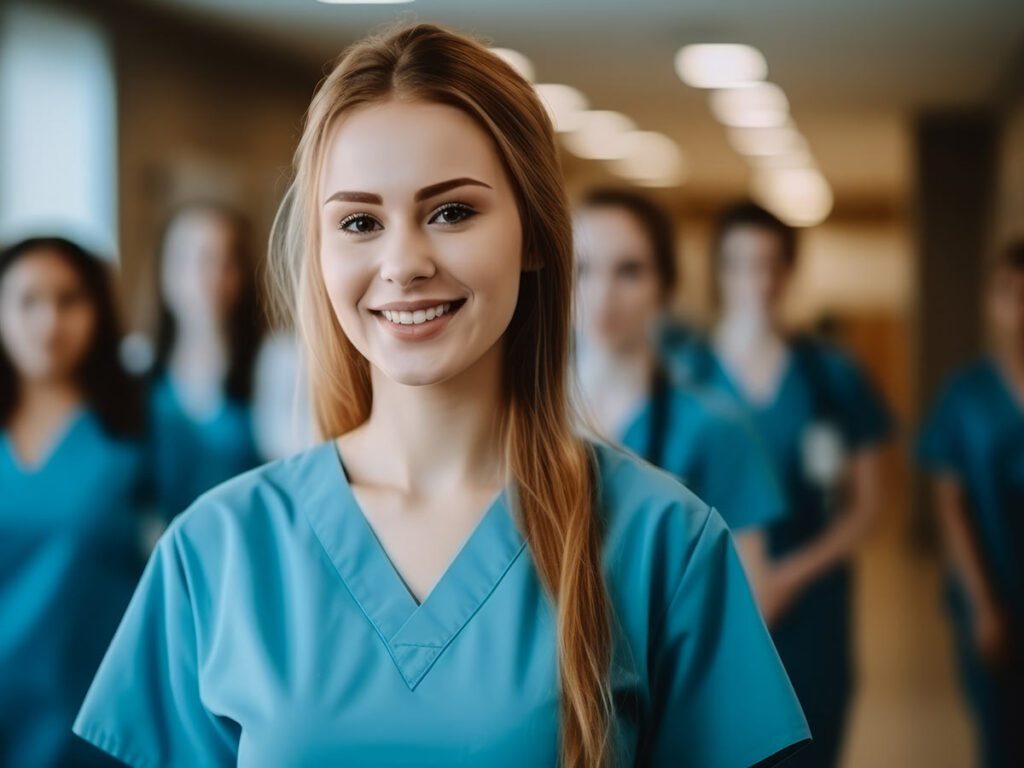 A nurse in teal scrubs smiles with her team behind her - Stroudwater